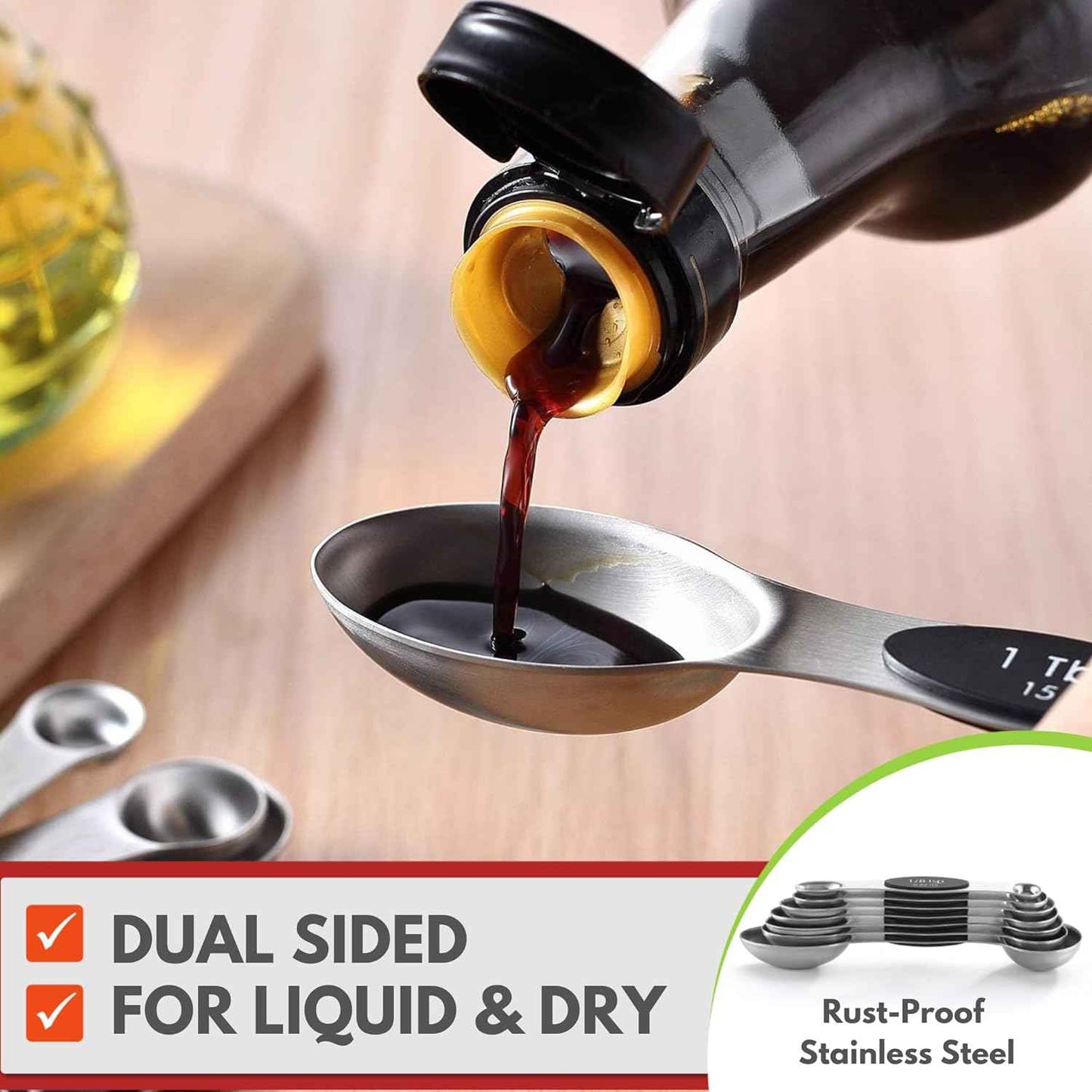 Spring Chef Stainless Steel Magnetic Measuring Spoons Set with Strong N45 Magnets, Heavy Duty Metal Kitchen Gadgets for Baking & Cooking, Fits in Most Kitchen Spice Jars, Set of 8 with Leveler, Black