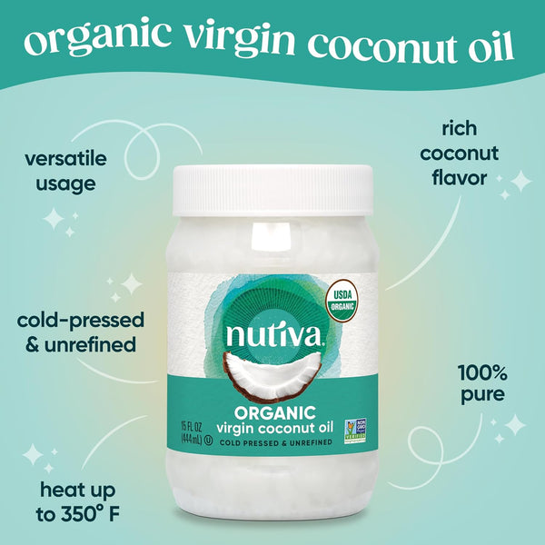 nutiva organic cold-pressed unrefined virgin coconut oil non-gmo sustainably farmed coconuts 15-ounce