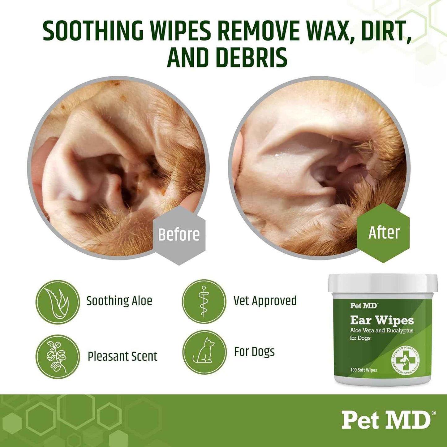 Pet MD - Dog Ear Cleaner Wipes - Otic Cleanser for Dogs to Stop Ear Itching, and Infections with Aloe and Eucalyptus - 100 Count