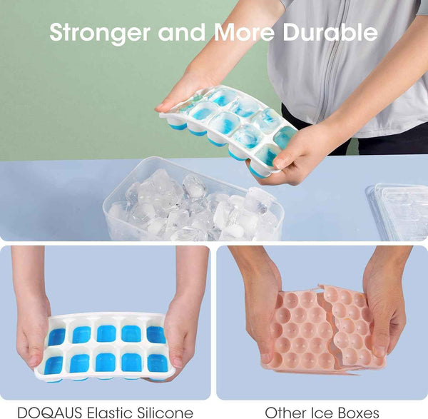 DOQAUS Ice Cube Tray with Lid and Bin, 4 Pack Silicone Plastic Ice Cubes Trays for Freezer with Box/Container, Stackable with Storage Iced Bucket Kits, Scoop, for RV, Soup, Food, Cocktail, Coffee