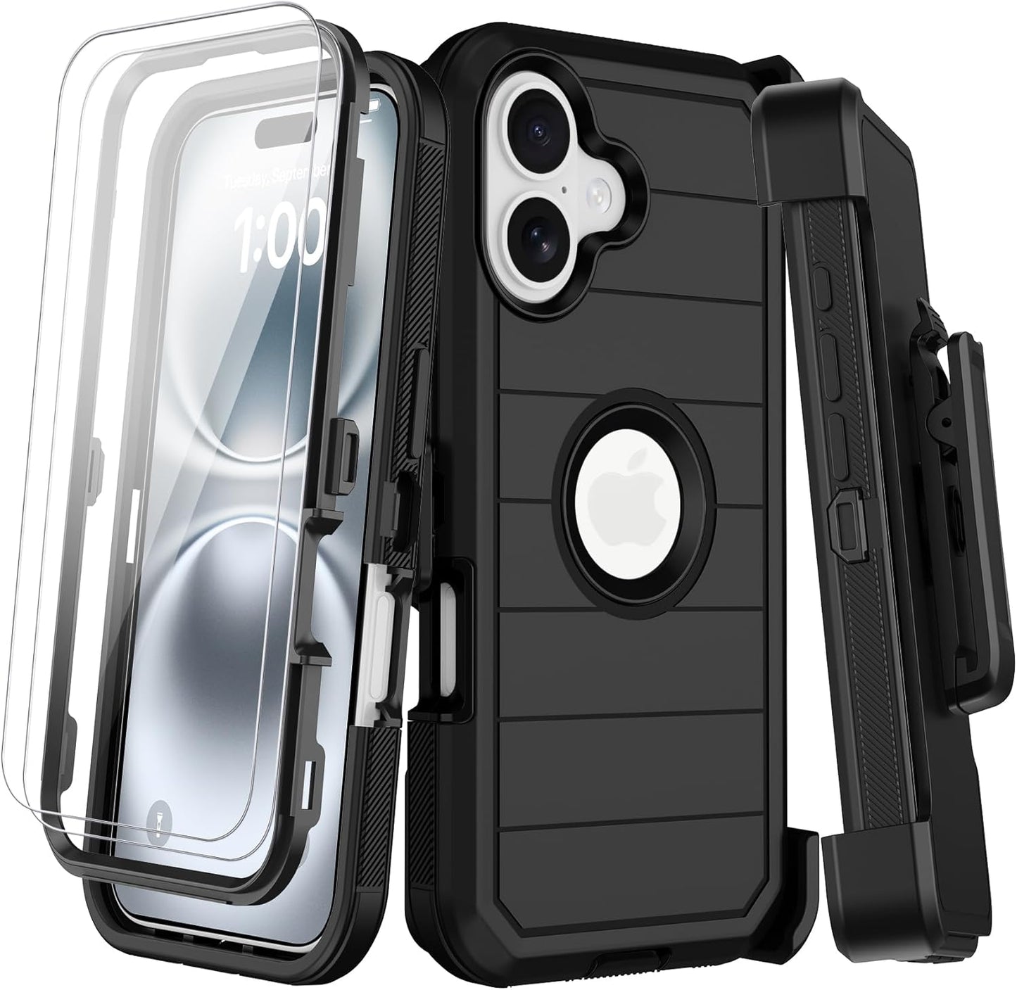 for iPhone 16 Case with 2 Screen Protectors,Heavy Duty Shockproof Drop Protection Military Grade Tri-Layer Rugged Cell Phone Cover with Built-in Invisible Kickstand 6.1“ (Black)