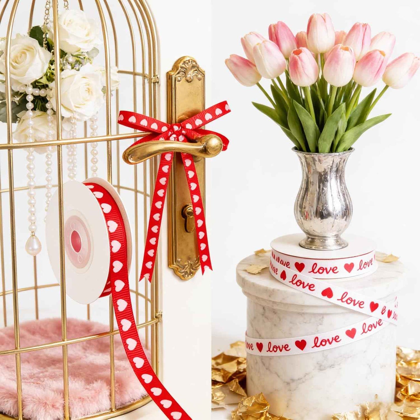 Valentines Day Ribbon, 2 Rolls 3/8 Inch Heart & Love Satin Ribbon for Gift Wrapping Crafts Bouquets Red Pink Total 20 Yard for Valentines Home Decor Wedding DIY Projects