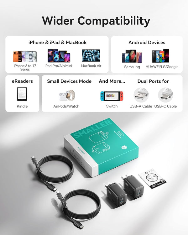 INIU Mini USB C Charger, 30W GaN Fast Charging ETL Certified Wall Adapter Block with Samrt Phone Protection, Dual Port with 5ft Type C Cable for iPhone 17 iPad Samsung Google Switch etc [2-Pack Black]
