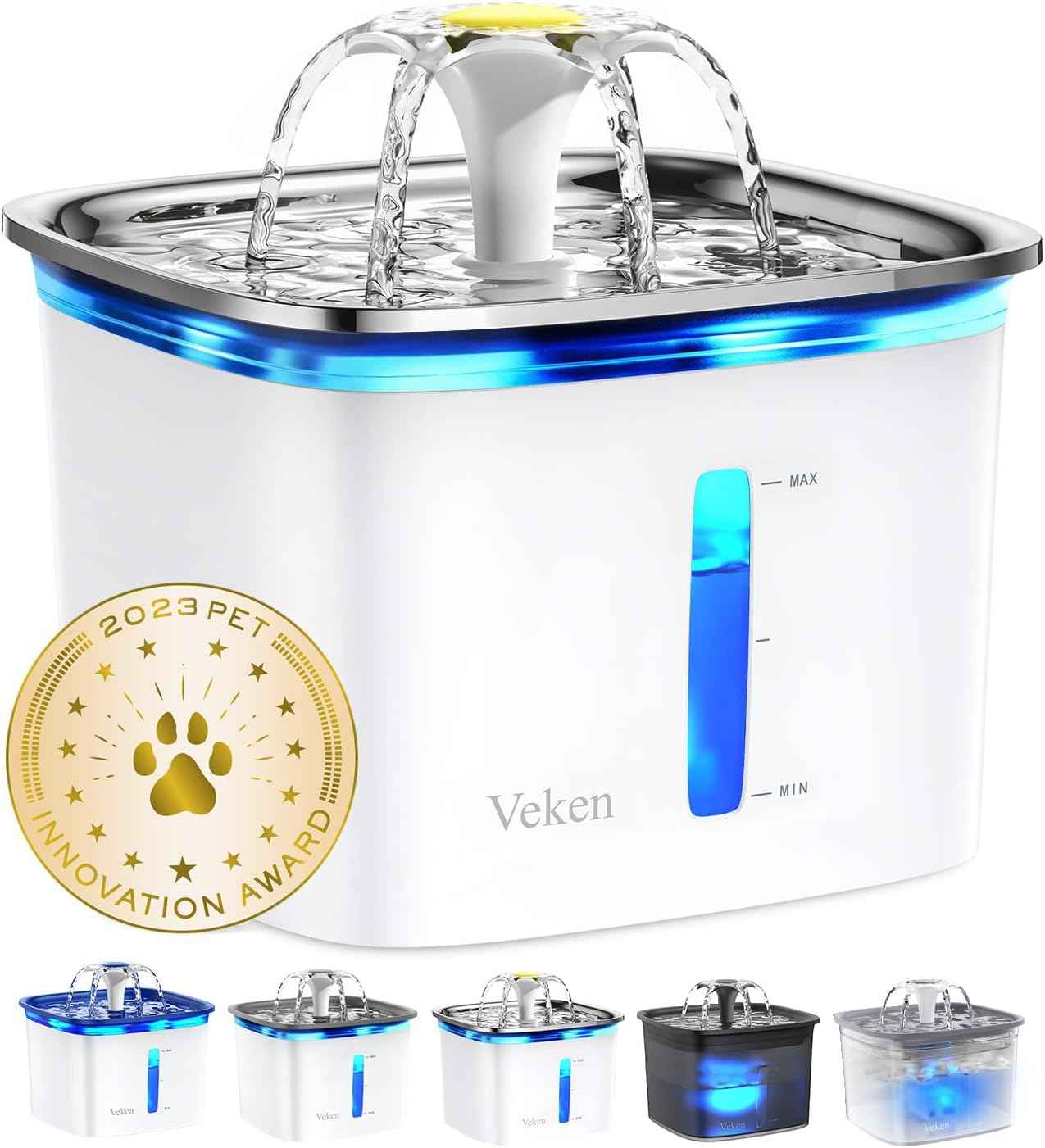 Veken Innovation Award Winner 95oz/2.8L Pet Fountain, Automatic Cat Water Fountain Dog Water Dispenser with Replacement Filters for Cats, Dogs, Multiple Pets (Grey, Plastic)