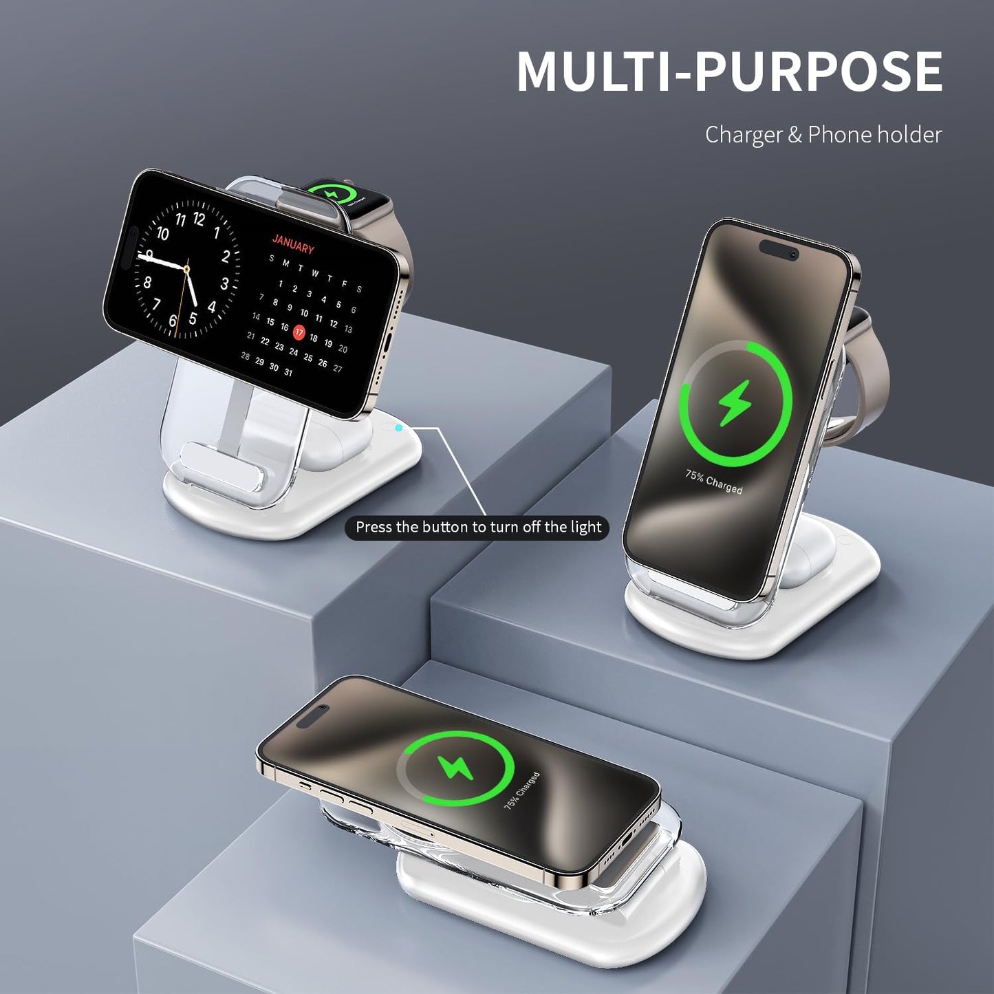 2025 Traveling Wireless Mag-Safe Fast Charging Station,Magnetic 3 in 1 Charger with Light for iPhone 17 16 15 14 13 12 Pro Max Plus,Apple Watch& Air pods 4 3 2 Pro-Gifts for Wife & Husband(White) - Rayz Mart