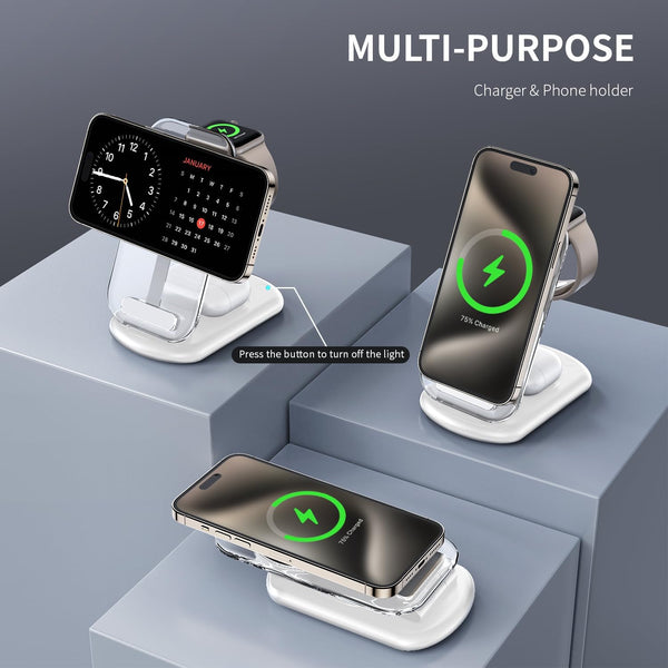2025 Traveling Wireless Mag-Safe Fast Charging Station,Magnetic 3 in 1 Charger with Light for iPhone 17 16 15 14 13 12 Pro Max Plus,Apple Watch& Air pods 4 3 2 Pro-Gifts for Wife & Husband(White) - Rayz Mart