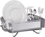 Compact kitchen dish rack with removable flatware caddy and angled drainboard