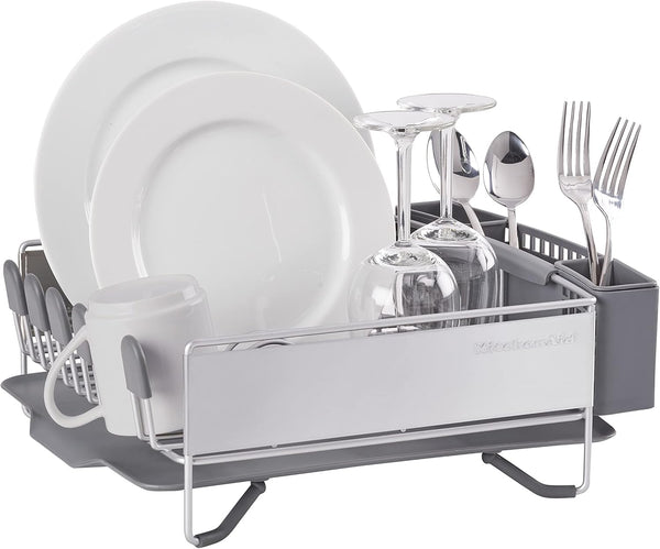 Compact kitchen dish rack with removable flatware caddy and angled drainboard