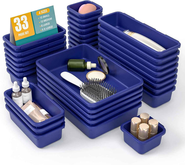 10 PCS Drawer Organizer Set, 4 Size Makeup Drawer Divider Organizer With Non-Slip Pads, Interlocking Plastic Storage Bins for Office,Jewelry Vanity,Gadgets, Bathroom,Kitchen, Black