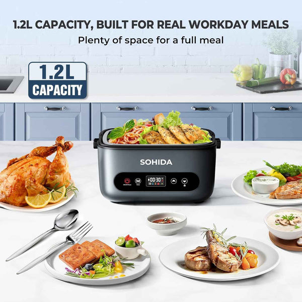100W Cordless Electric Lunch Box for Adults & Men, Rechargeable Battery Powered Heated Lunch Box, 1.2L Portable Food Warmer Lunchbox with 5-Sided Heating for Work Car Outdoor Use