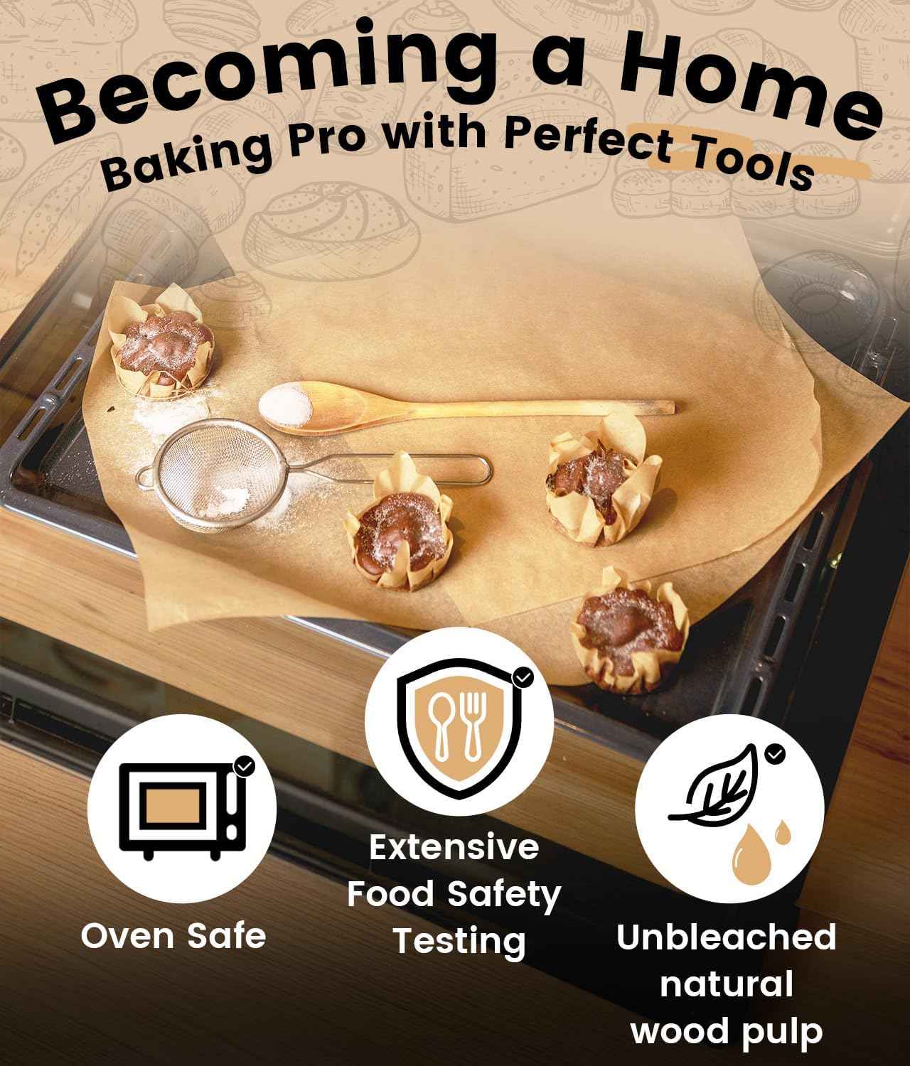 200 PCS Unbleached Parchment Paper Sheets for Baking 12x16 Inches, Non-Stick and Non-Toxic Pre-cut Parchment Sheets for Oven, Cooking, Grilling, Air Fryer and Steaming - Fit for Half Sheet Pans