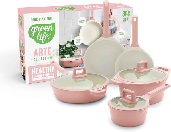 GreenLife 8 Piece Ceramic Nonstick Cookware Set, Induction Suitable Non Toxic PFAS-Free Pots & Pans, Dishwasher Safe, Cooking Set, Stock Pot, Saucepans & Frying Pans, Kitchen Cooking, Graphite