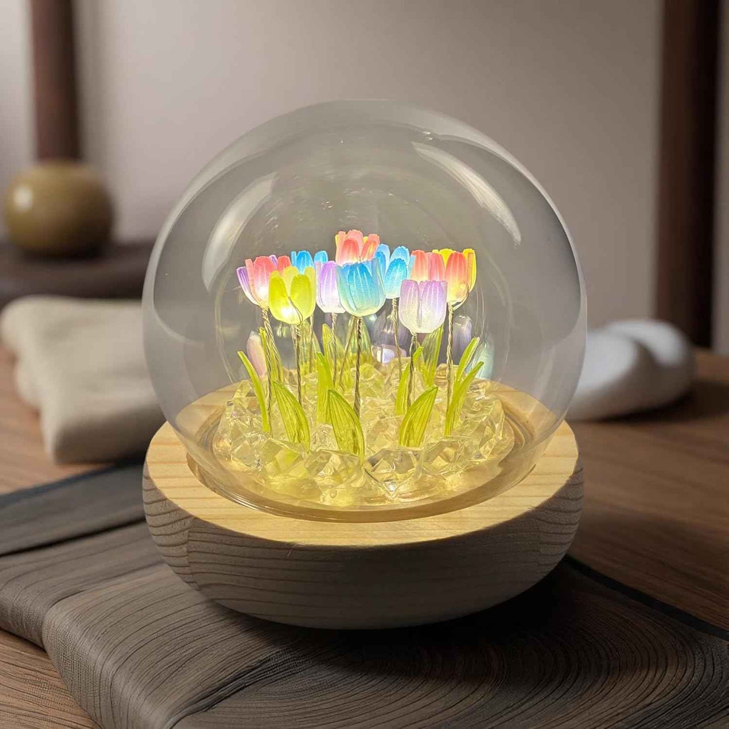 Tulip Lamp Glass Globe - Illuminated Flower Lamp with Glowing Blooms on Wooden Base - Battery-Powered Decorative Night Light for Bedroom, Living Room & Home Decor | Tulip and Rose Infinity Mirror, Gift for Women or Girl, Fully Assembled, in a Glass, Cuten