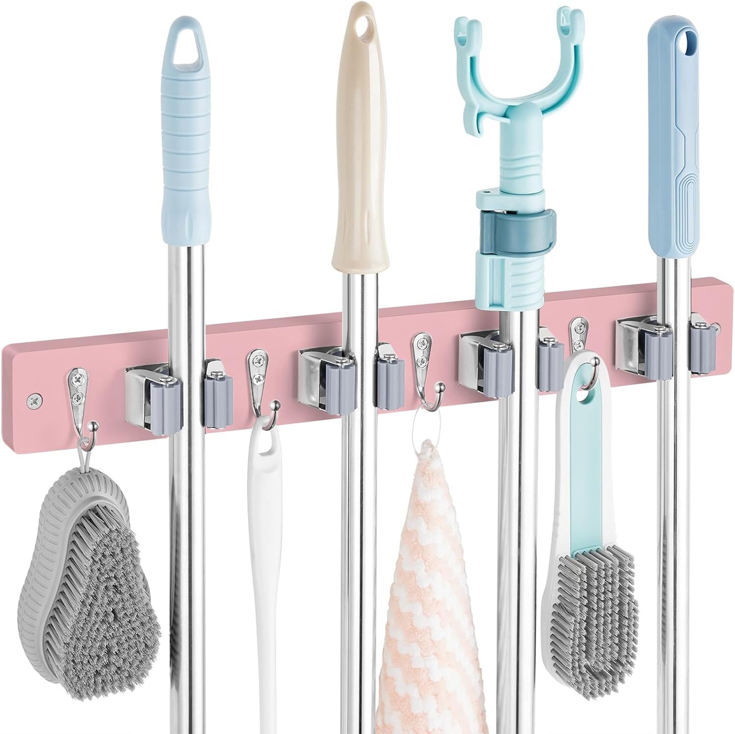 Mop and Broom Holder Wall Mount - Rustic Wood Broom Mop Hanger - Wall Mounted Garden Tool Rack Organizer for Closet Garage Laundry Room Kitchen Decor With 4 Slots & 4 Hooks - Rayz Mart