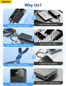 OHOVIV Portable Charger Power Bank 50000mAh Battery Pack, 22.5W Fast Charging PowerBank with Built in Cables,Travel Essential USB-C Portable Phone Charger for iPhone Samsung Pixel Android iPad