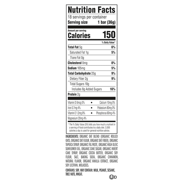 Soft-baked oatmeal cookie energy snack bars for kids, 18-pack, USDA organic, non-GMO