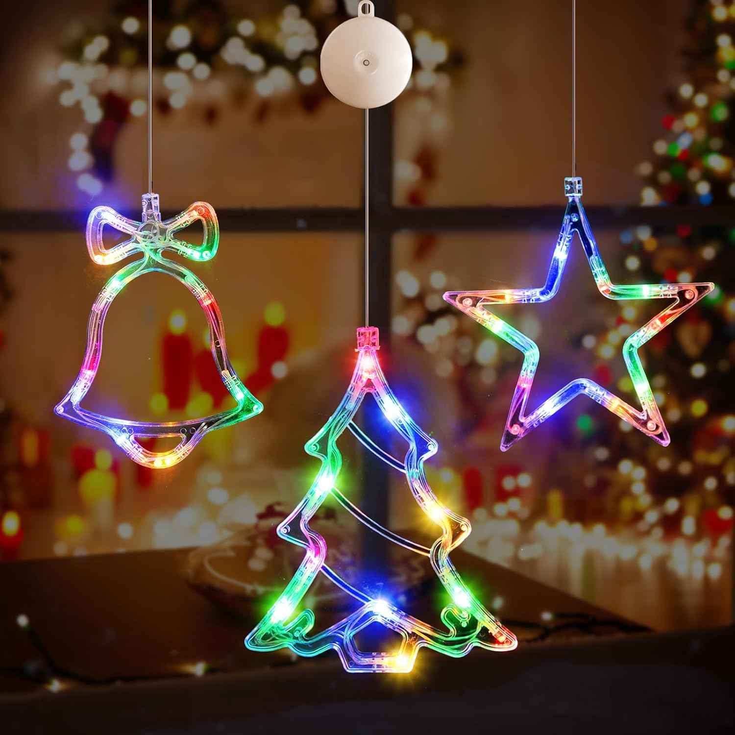 3Pack Christmas Window Lights Decorations with Timer, Battery Powered Multicolor LED Sucker for Xmas Tree Fireplace Indoor Decor