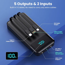Portable Charger Power Bank 40800mAh with 3 Built-in Cables,25W Fast Phone Charging Portable Battery Pack,5 Outputs Travel Essentials Outdoor External Battery for iPhone 17/16,Galaxy Android etc-Black