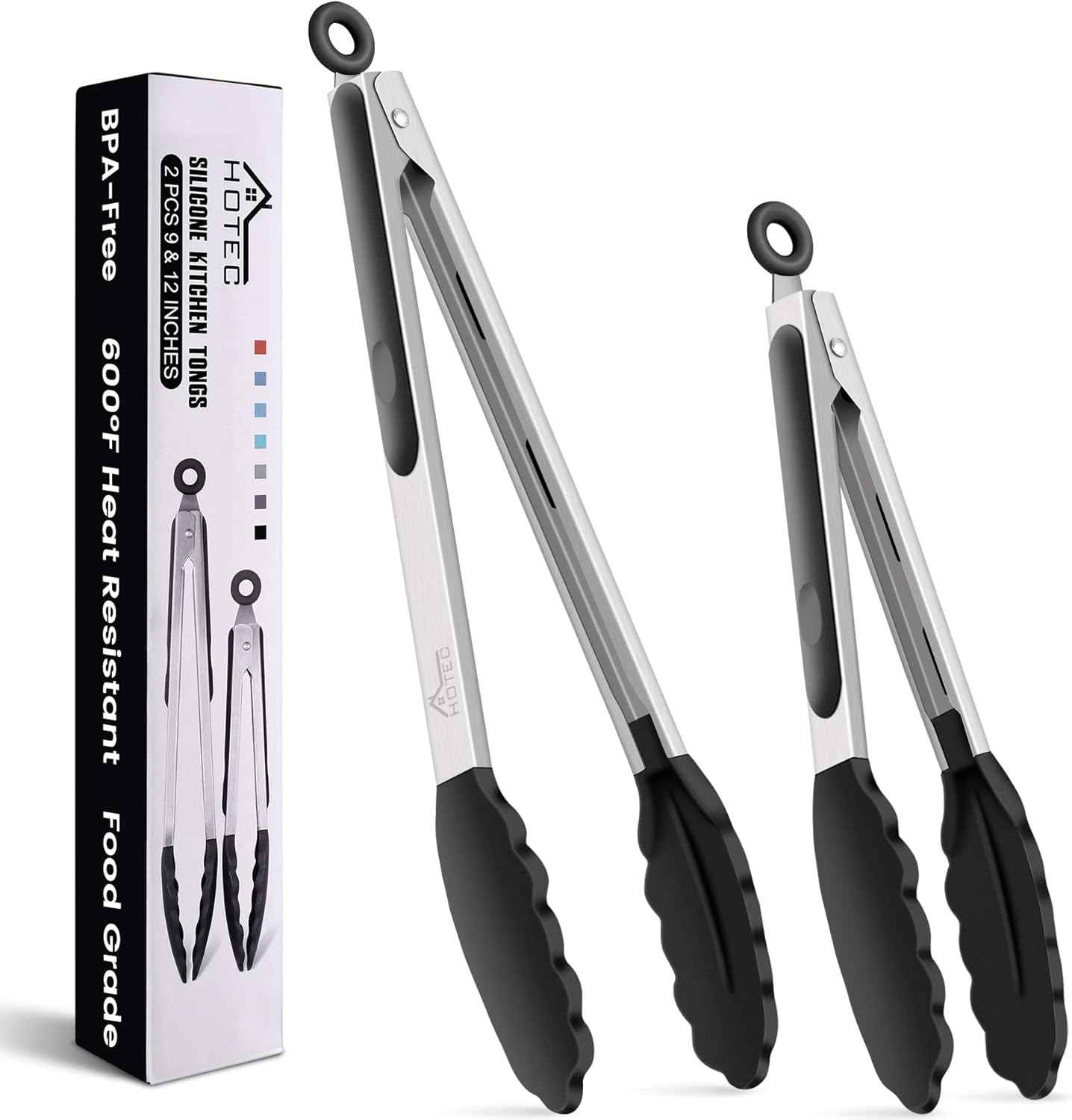 HOTEC Premium 7 & 9 Inch Kitchen Tongs, Stainless Steel Locking Cooking Tongs with Silicone Tips, Non-Scratch & Heat Resistant, Serving Tongs for Salad, BBQ, Classic Blue, Set of 2