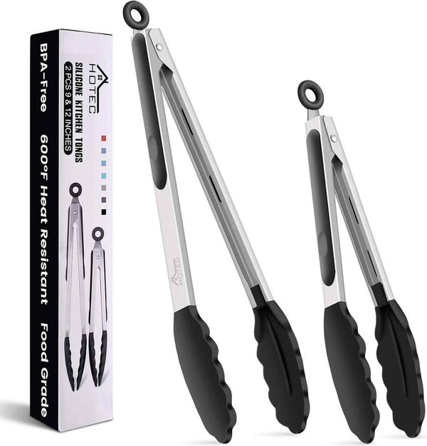 HOTEC Premium 7 & 9 Inch Kitchen Tongs, Stainless Steel Locking Cooking Tongs with Silicone Tips, Non-Scratch & Heat Resistant, Serving Tongs for Salad, BBQ, Classic Blue, Set of 2