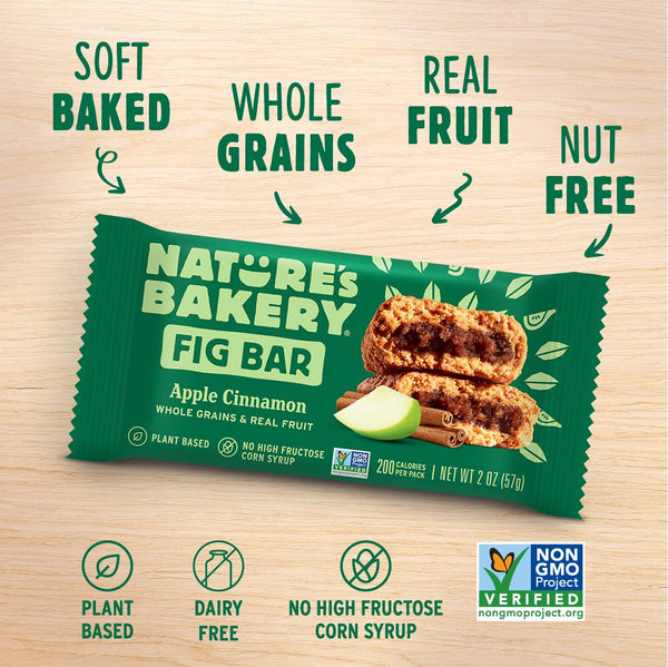 Nature's Bakery Whole Wheat Fig Bars, Apple Cinnamon, Vegan, Non-GMO, Snack Bar, 12 Twin Packs