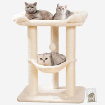 Happi N Pets 28" Cat Tree Tower, Tall Cat Scratching Post with Soft Perch for Window Viewing, Large Bed for Big Cats, Stable & Compact Cat Tower with Hammock, Removable Cover-Beige