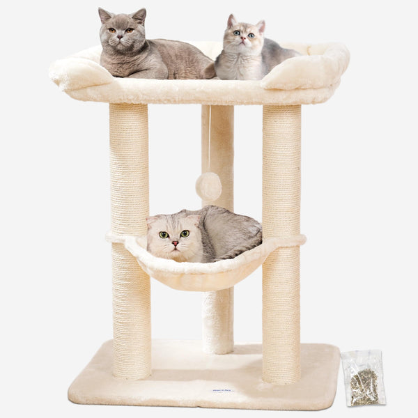 Happi N Pets 28" Cat Tree Tower in Beige, soft perch, large bed for big cats, stable & compact cat tower