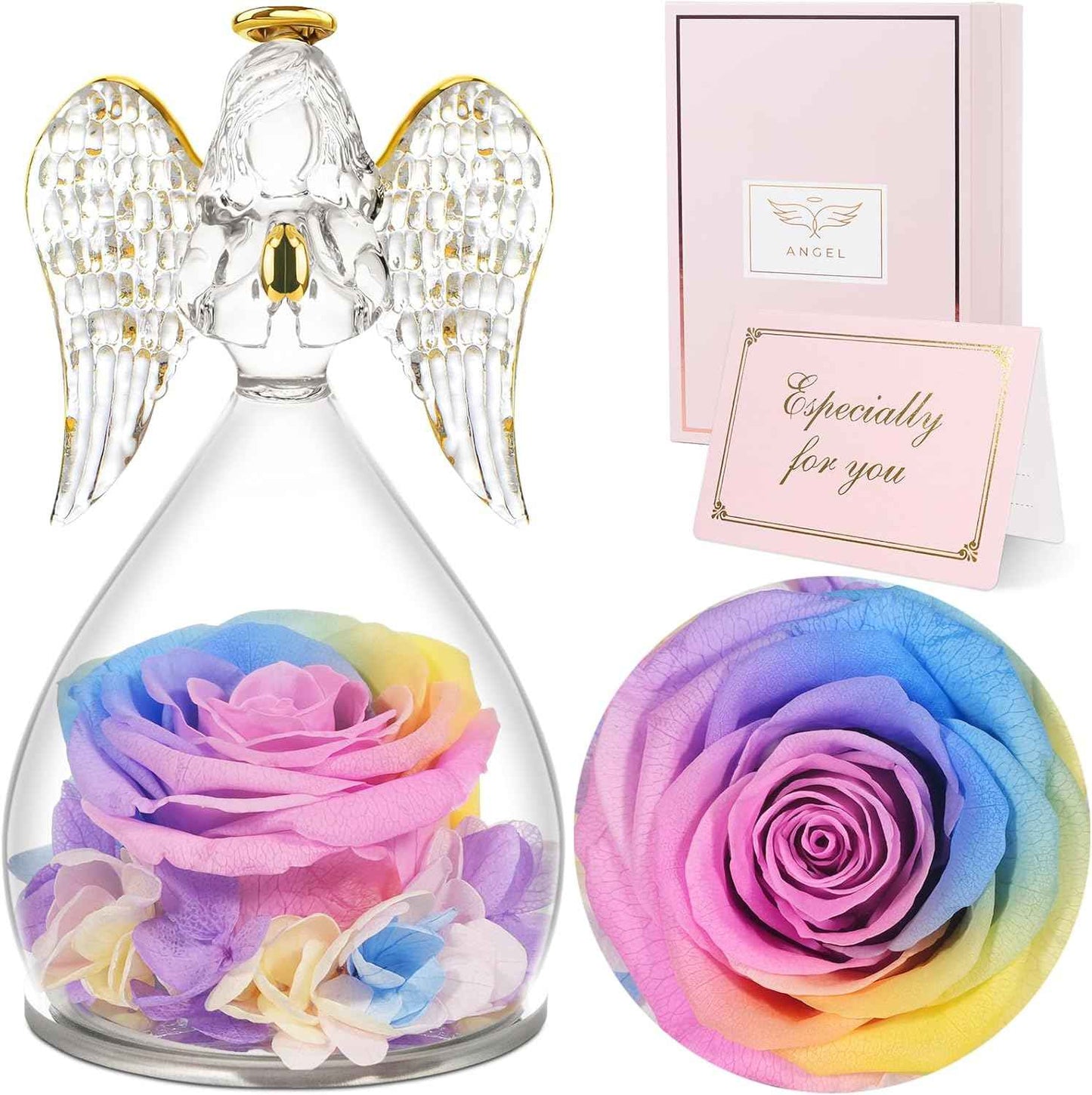 Sunia Valentines Day Rose Gifts for Women, Birthday Gifts for Mom Grandma, Forever Preserved Flower in Glass Angel Figurines Flowers for Delivery Prime, Mothers Day Real Roses for Her Wife