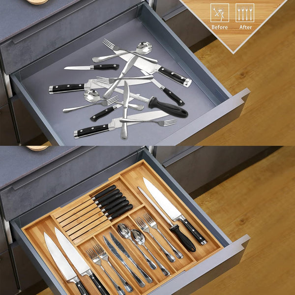 Bamboo Silverware Drawer Organizer Kitchen Utensil Storage