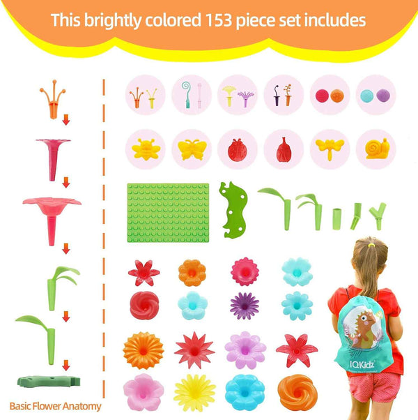 IQKidz flower toys building set for 3-6 years old toddlers and preschoolers, 153pcs STEM play set with insect pegs