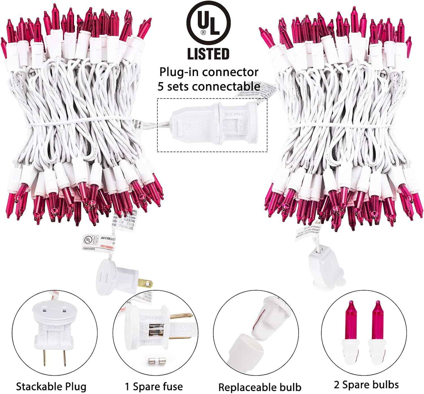 Christmas Pink Mini String Lights - 100 Count 25 Feet Detachable Incandescent Bulb Waterproof Fairy Lights Plug in for Indoor Outdoor Party Patio Xmas Tree Valentine's Day Decoration, White Wire