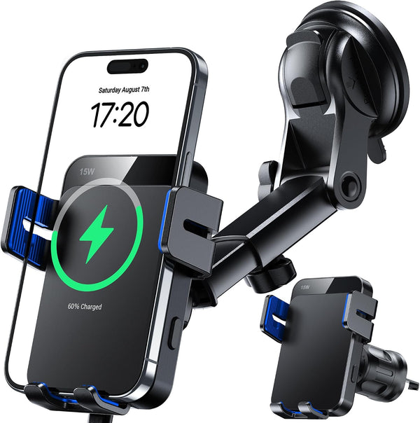 Wireless Car Charger, 15W Auto Clamping Car Charger Dash Windshield Air Vent Phone Holder Compatible with iPhone 16 15 14/13/13 Pro/12 pro/12/11/X/8, Samsung S24/S23/S22