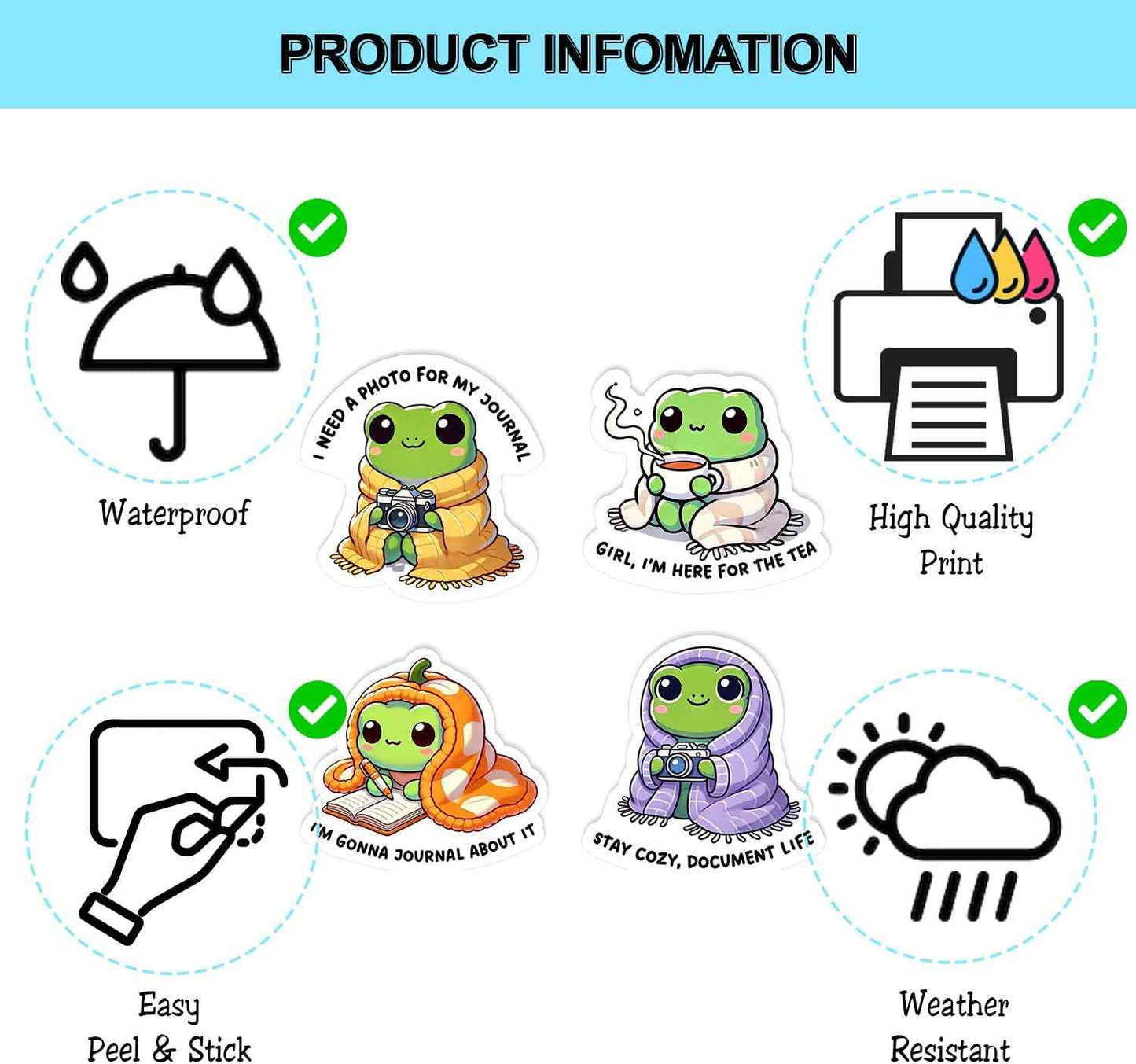 (4 Pack) Cozy Frog Stickers, 3" Cute Vinyl Decals for Journals, Tea Lovers, Laptops, Water Bottles, Scrapbooks & Gifting, Waterproof Aesthetic Sticker Set