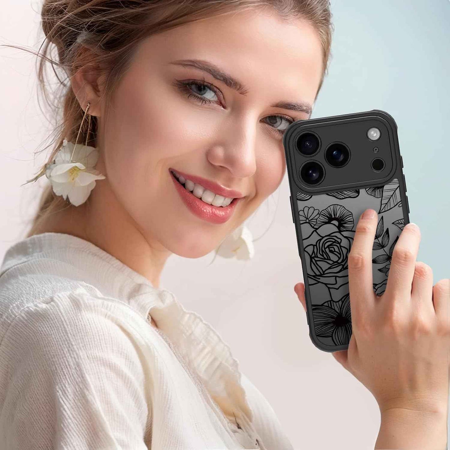 Girly Flower Case Compatible with iPhone 17 Pro Max, Cute Rose Aesthetic Black Line Art Floral Pattern Print, Anti Fingerprint PC Heavy Duty Protection Cases Cover for Girls Women