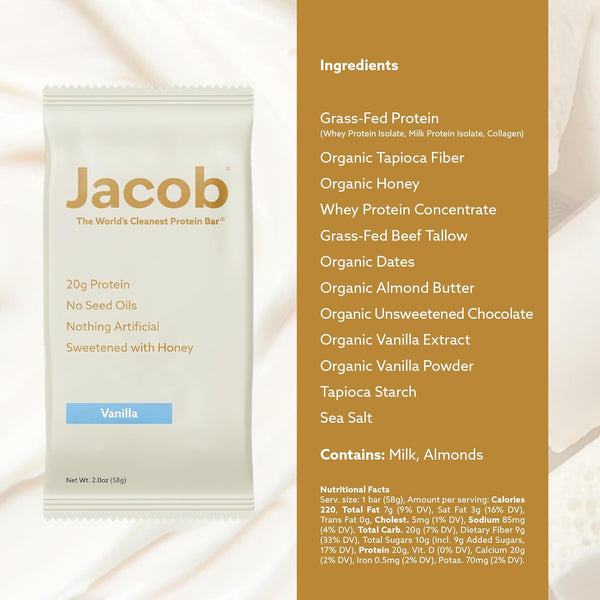 Jacob Bar, 9-count Vanilla Protein Bars with 20g Grass-Fed Protein