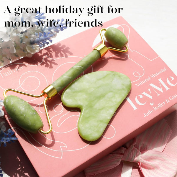 BAIMEI IcyMe Green Jade Gua Sha and Face Roller Set for Puffiness and Redness Reduction, Self Care Gift