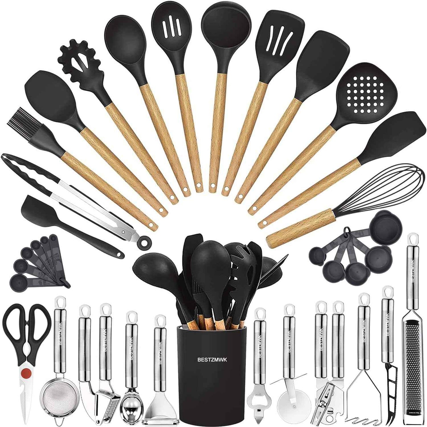 Kitchen Utensils Set- 35 PCs Cooking Utensils with Grater,Tongs, Spoon Spatula &Turner Made of Heat Resistant Food Grade Silicone and Wooden Handles Kitchen Gadgets Tools Set for Nonstick Cookware