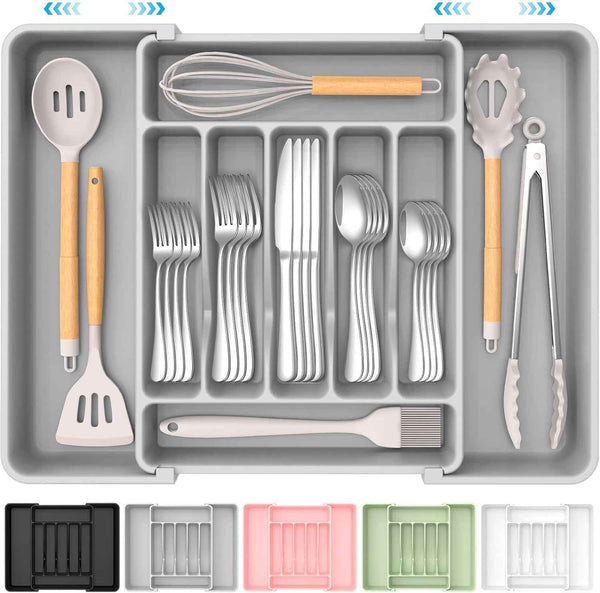 Extra Large Expandable Silverware Organizer, BPA-Free Food-Safe Cutlery Flatware Organizer, Kitchen Utensil Drawer Organizer, Adjustable Silverware Holder for Spoons Forks Knives, Black