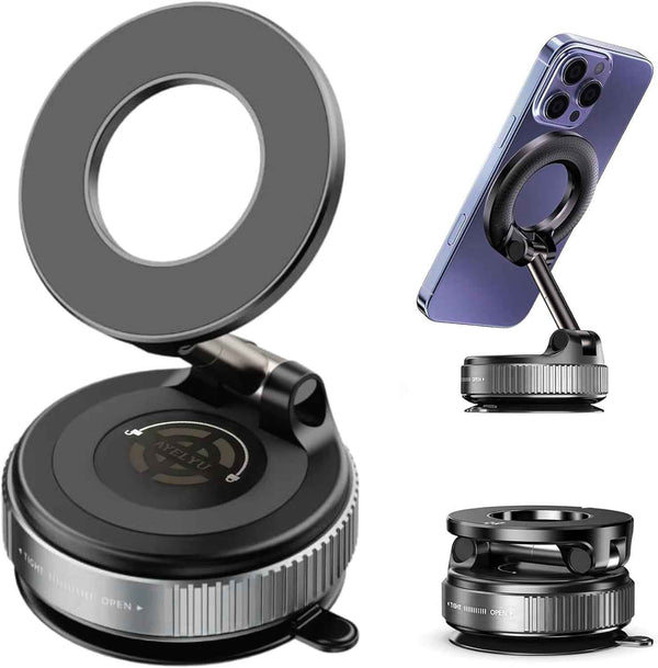 Vacuum Magnetic Phone Holder for Cars Black 360 Rotating Adjustable Foldable Mount for iPhone