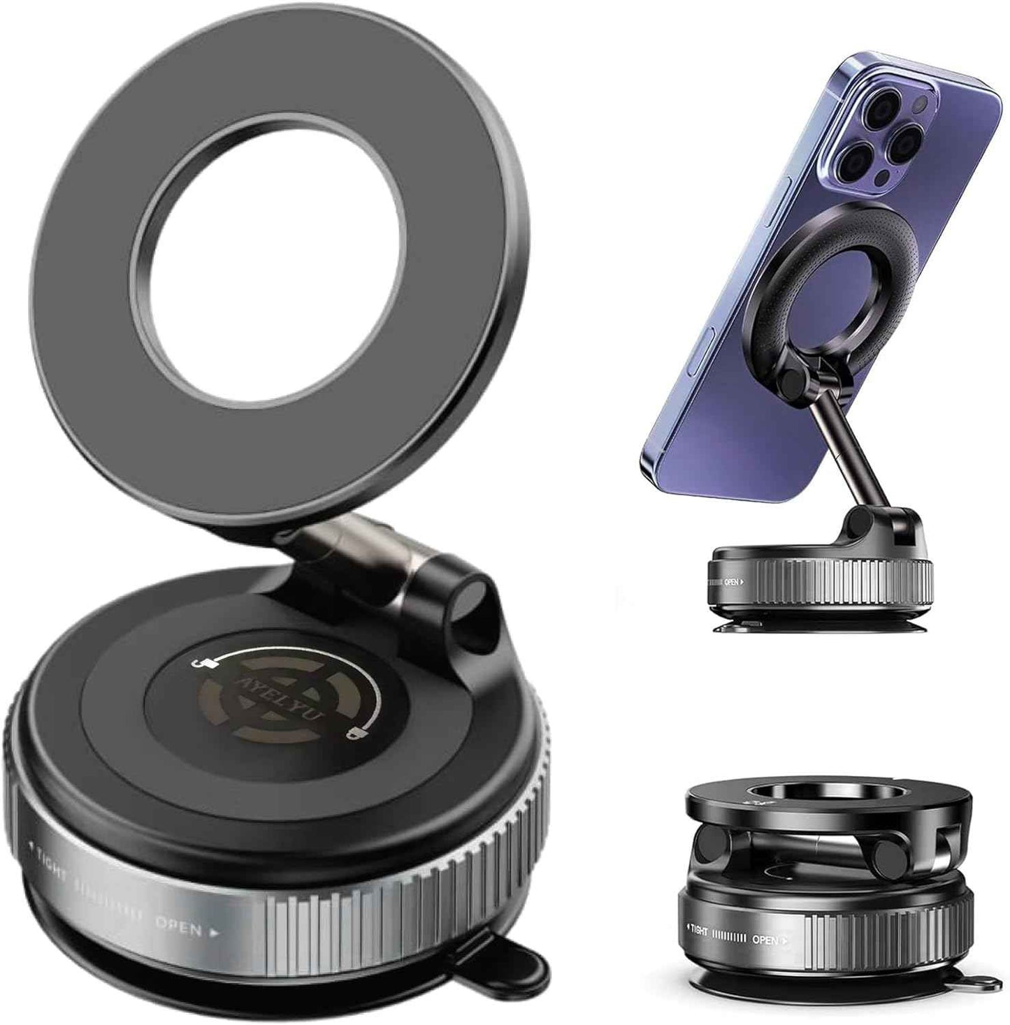 Vacuum Magnetic Phone Holder for Cars Black 360 Rotating Adjustable Foldable Mount for iPhone
