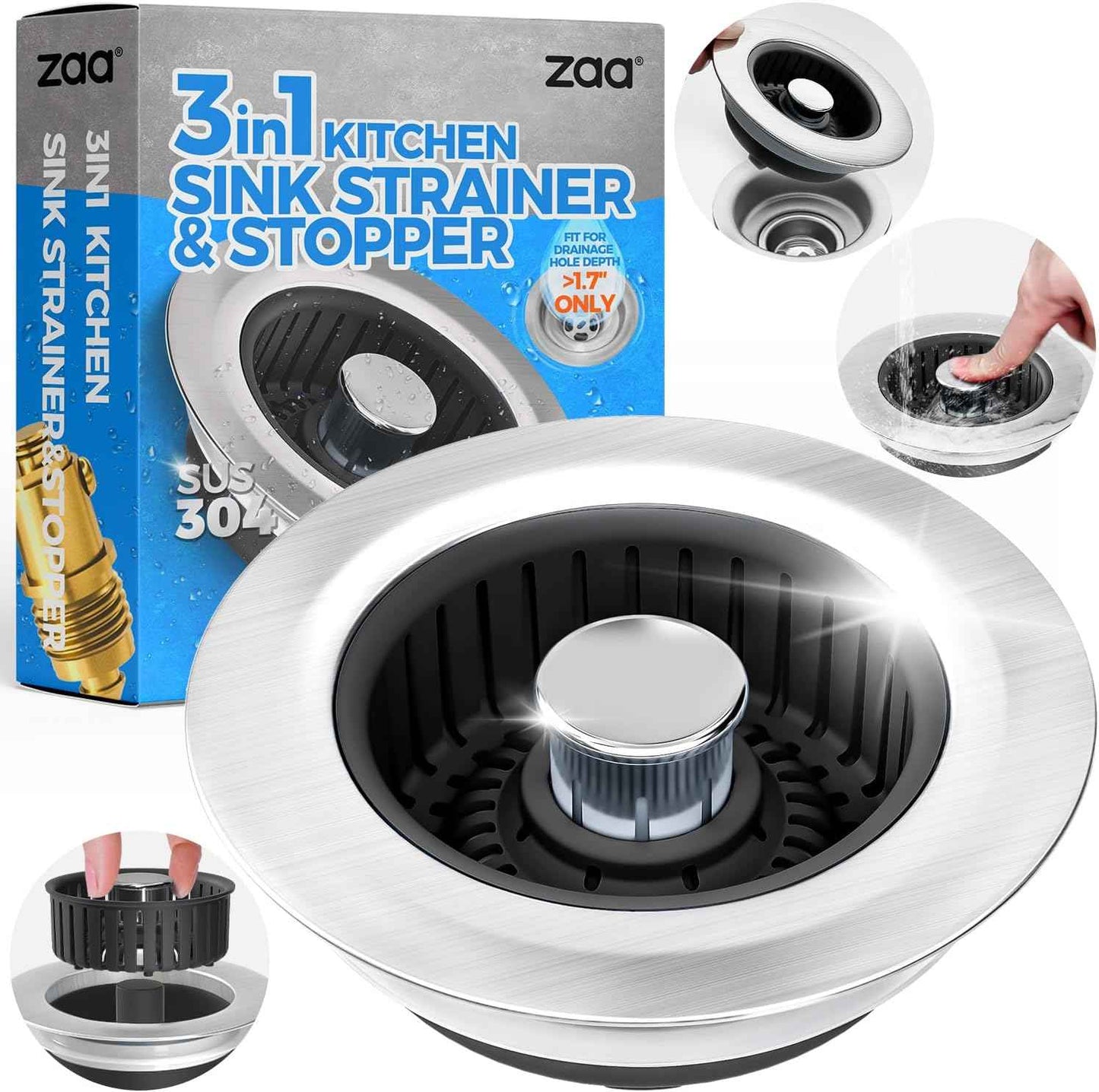 Upgraded 3in1 Kitchen Sink Drain Strainer & Sink Stopper, Stainless Steel Kitchen Drain Plug & Sink Installation Parts with Anti-Clogging Basket, Fit US Standard 3-1/2'' Sink Drain Hole, Silver