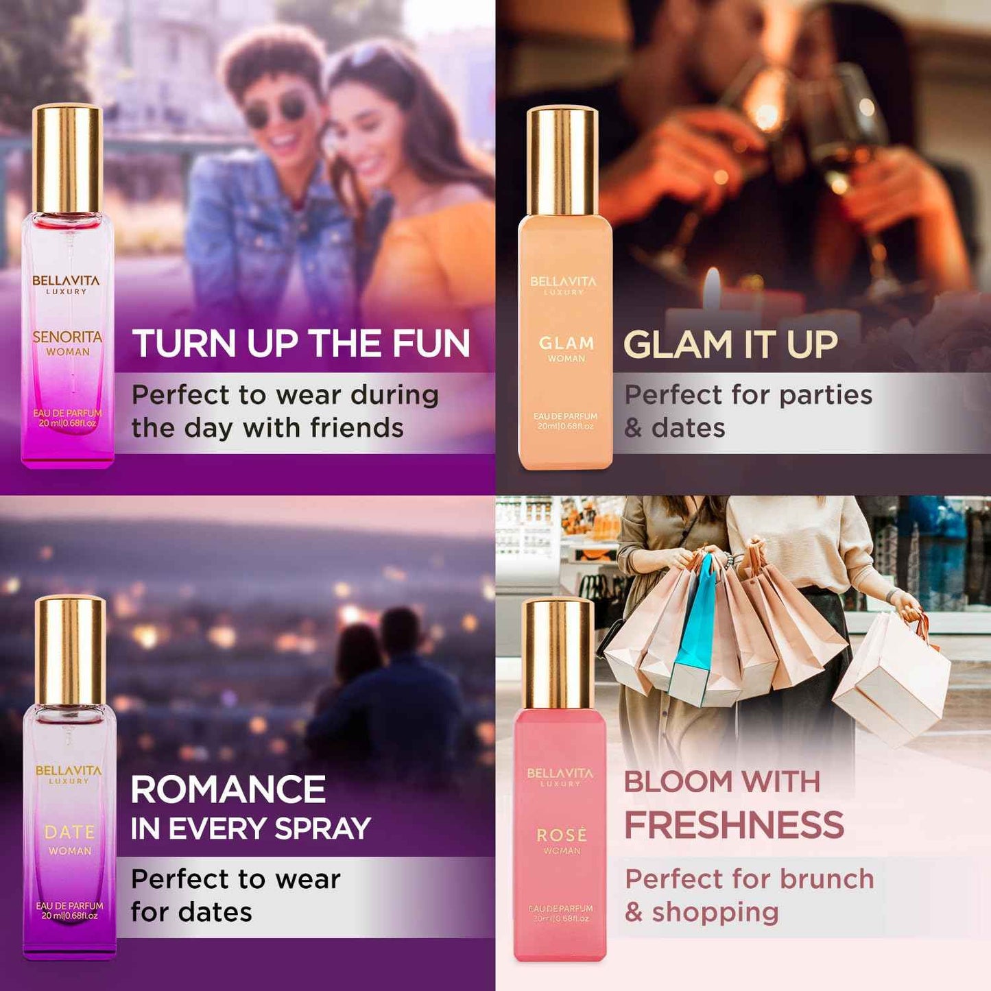 BellaVita Luxury Women's Perfume Gift Set | 4x20ml | Notes of Floral, Sweet, Spicey Red Fruit, Vanilla & Musk | DATE, SENORITA, GLAM & ROSE | French Parfum Collection Gift Set