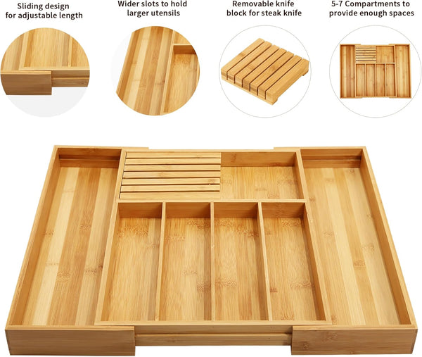 Bamboo Silverware Drawer Organizer Kitchen Utensil Storage