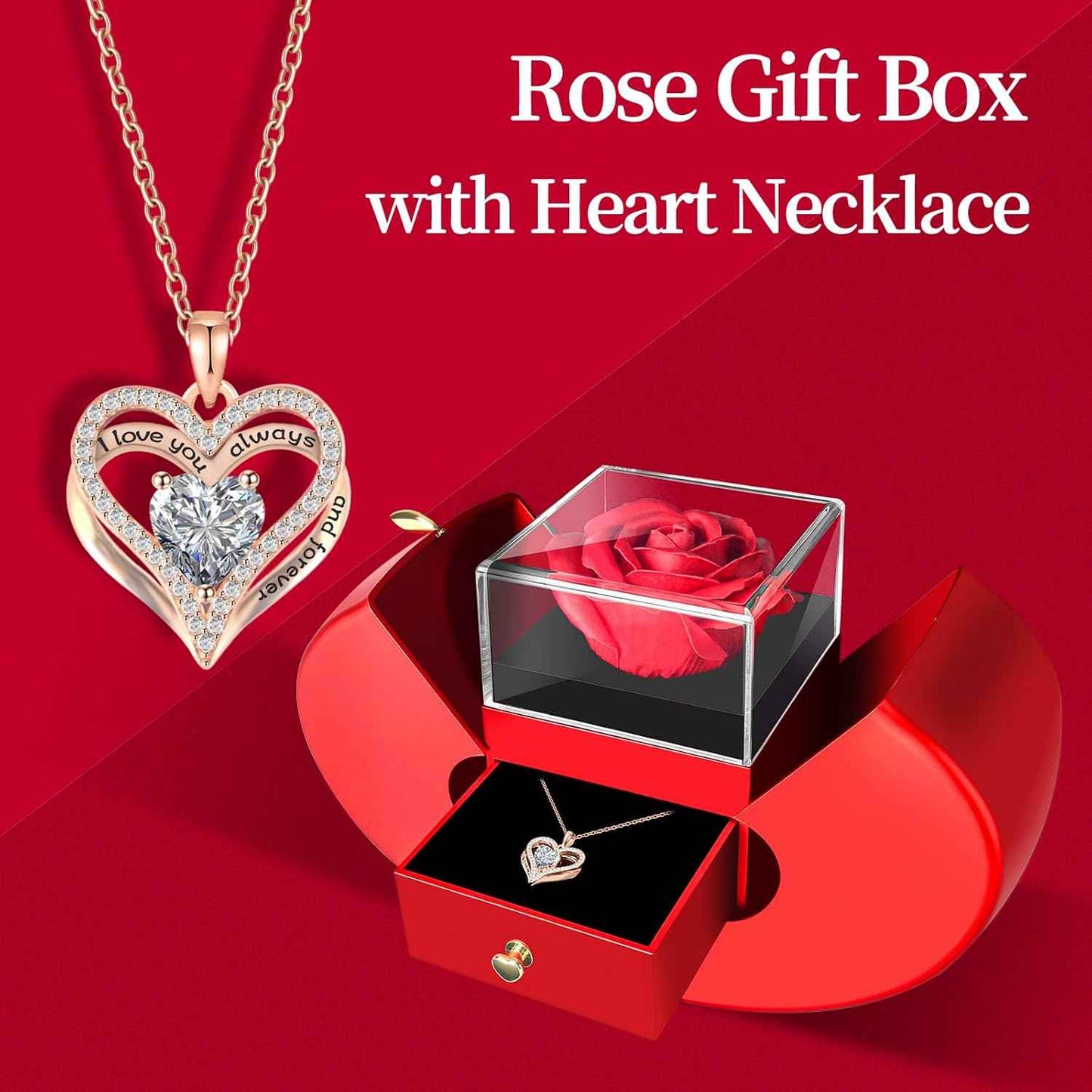 Preserved Flower Red Rose with Heart Necklace, Gifts for Mom, Girlfriend, Women, Wife, Grandma on Christmas, Valentine's Day, Mother's Day, Birthday, Anniversary, Thanksgiving | Birthday, Christmas, Valentine's Day, Mother's Day, Anniversary, Thanksgiving