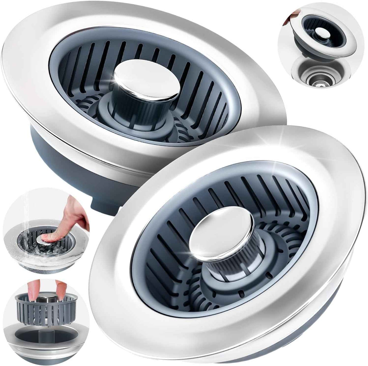 Upgraded 3in1 Kitchen Sink Drain Strainer & Sink Stopper, Stainless Steel Kitchen Drain Plug & Sink Installation Parts with Anti-Clogging Basket, Fit US Standard 3-1/2'' Sink Drain Hole, Silver