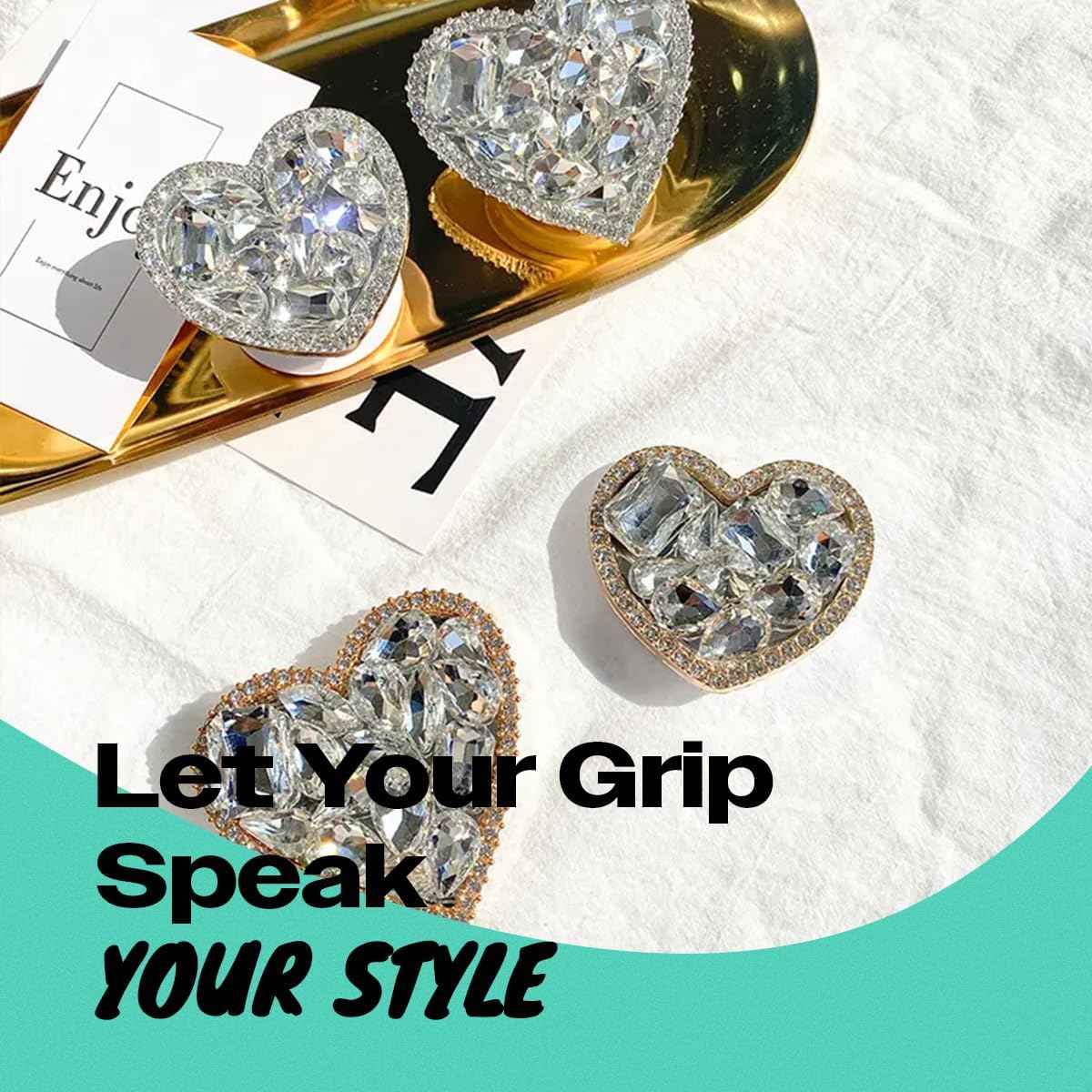 OnTheGrip Cute Cubic Diamond Heart Shape Design Collapsible Expandible Mobile Phone Grip Stand Holder for Smartphone Tablet Cell Phone Accessory (Silver Big)