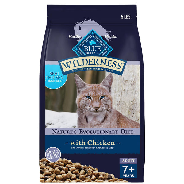 blue buffalo wilderness natural mature dry cat food 7+ years high-protein grain-free chicken 5-lb bag
