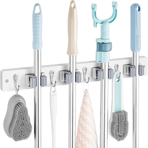 Mop and Broom Holder Wall Mount - Rustic Wood Broom Mop Hanger - Wall Mounted Garden Tool Rack Organizer for Closet Garage Laundry Room Kitchen Decor With 4 Slots & 4 Hooks - Rayz Mart