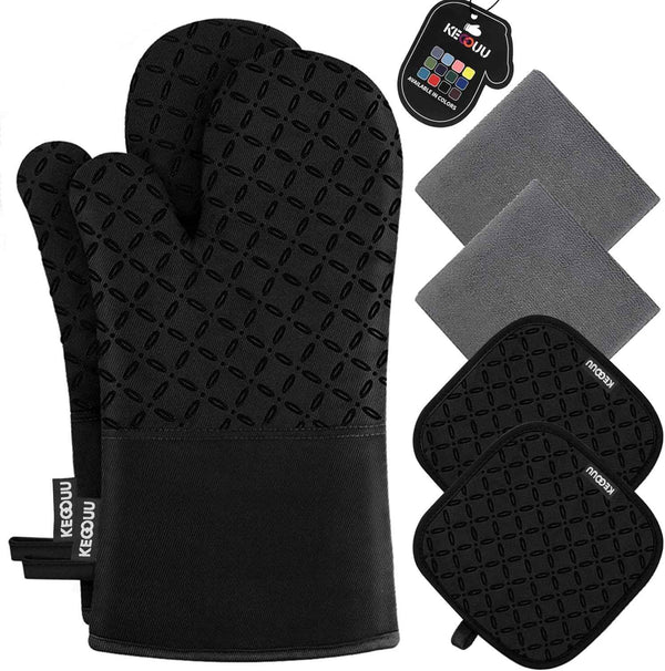 KEGOUU Oven Mitts and Pot Holders 6pcs Set, Kitchen Oven Glove High Heat Resistant 500 Degree Extra Long Oven Mitts and Potholder with Non-Slip Silicone Surface for Cooking (Grey)