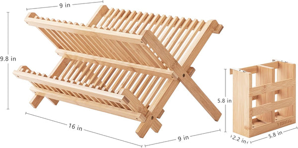Bamboo Folding 2-Tier Collapsible Dish Rack with Utensil Holder Set